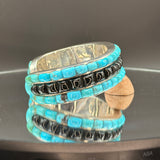Turquoise and black jade cobble stone inlay sterling silver cuff bracelet