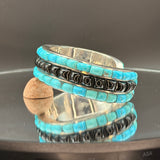 Turquoise and black jade cobble stone inlay sterling silver cuff bracelet