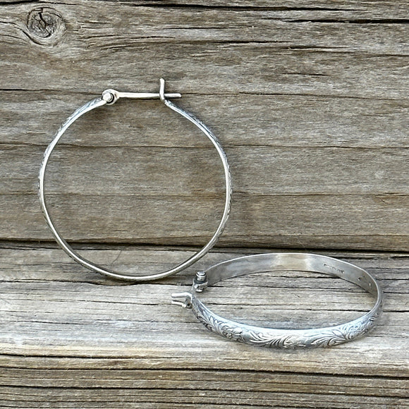 Sterling Silver Large Floral Pattern Hoops