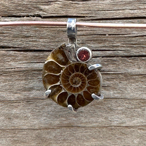 Ammonite and Garnet Sterling Silver Pendant