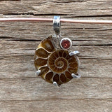 Ammonite and Garnet Sterling Silver Pendant