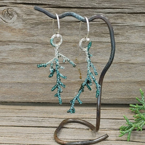 Enameled Organic Cast Juniper French Hook Earrings in Sterling Silver